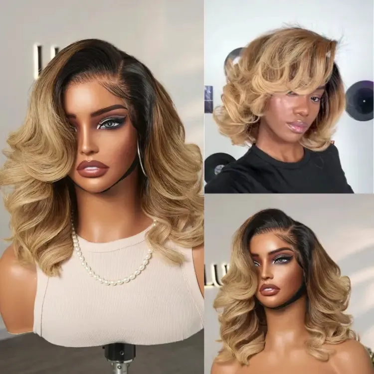 Weekly Special | PreMax Wigs - Honey Blonde Highlight / Natural Black / Ombre Blonde Bouncy Body Wave Glueless 13x4 Frontal Lace Human Hair Wig